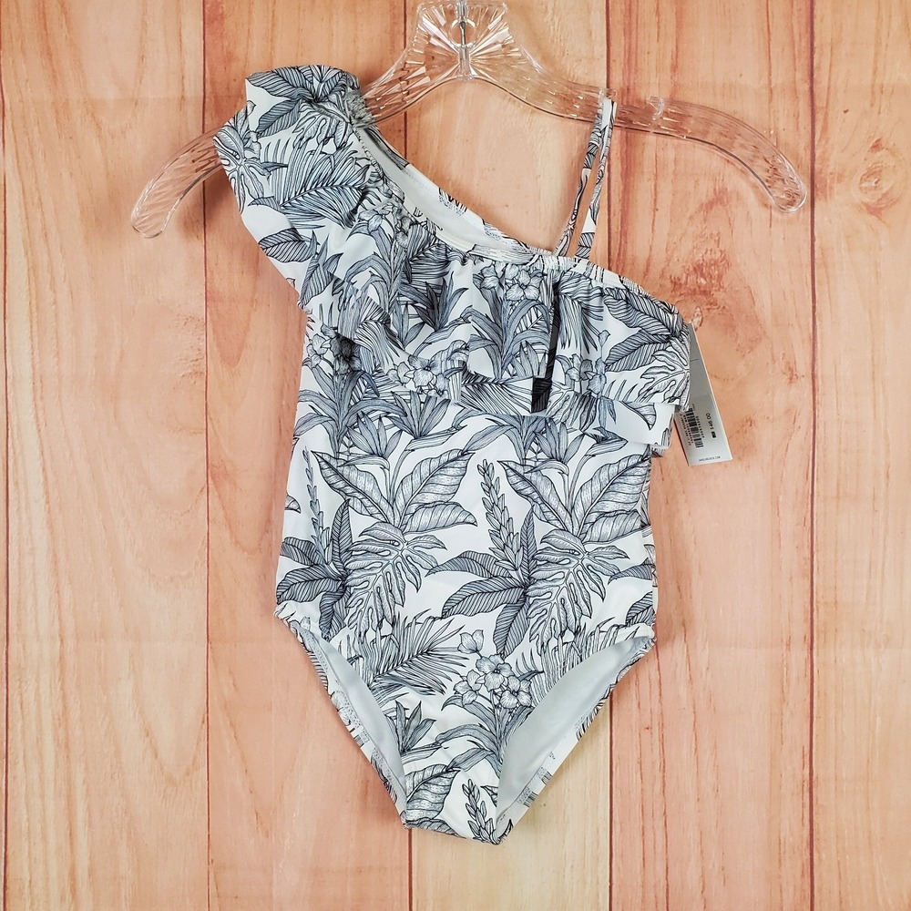 Janie and Jack One-Piece Swimsuit Girls 5 Black White Palm Ruffle One Shoulder